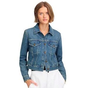 Madewell Shrunken Stretch Denim Jacket Medium Wash Blue Jean Cropped Moto Small